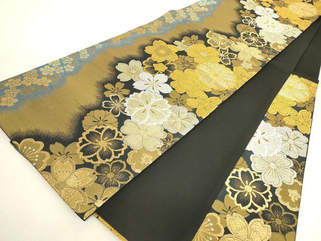 平和屋着物▼六通柄袋帯　花尽くし　黒地　金銀糸　正絹　逸品　DABJ1918az