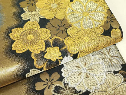 平和屋着物▼六通柄袋帯　花尽くし　黒地　金銀糸　正絹　逸品　DABJ1918az