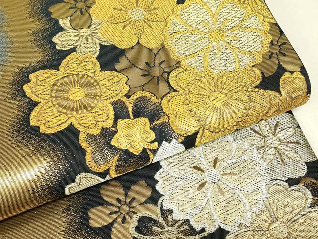 平和屋着物▼六通柄袋帯　花尽くし　黒地　金銀糸　正絹　逸品　DABJ1918az