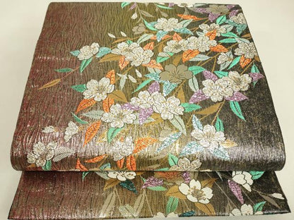 平和屋着物▼両面　六通柄袋帯　草花文　金銀糸　正絹　逸品　DABJ1930az