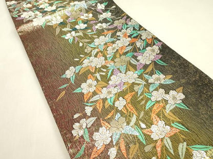 平和屋着物▼両面　六通柄袋帯　草花文　金銀糸　正絹　逸品　DABJ1930az