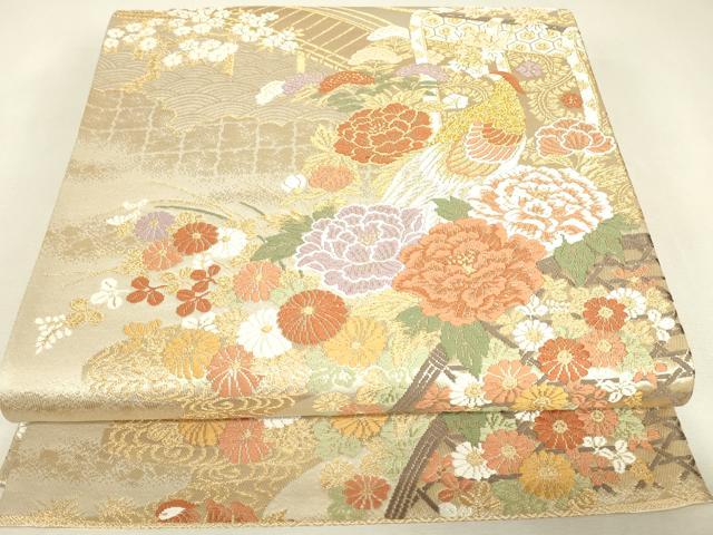 平和屋着物▼六通柄袋帯　唐織　尾長鳥几帳牡丹文　金糸　正絹　逸品　DABJ1936az