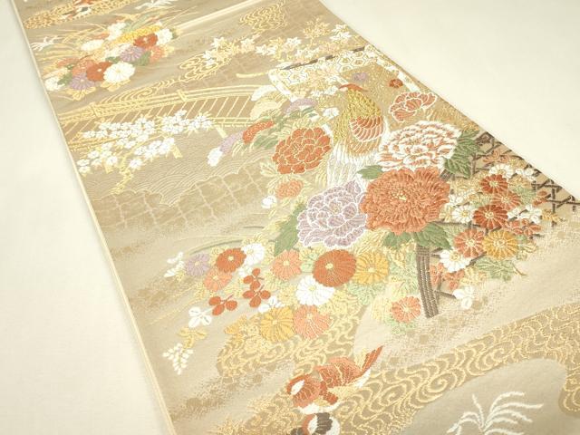 平和屋着物▼六通柄袋帯　唐織　尾長鳥几帳牡丹文　金糸　正絹　逸品　DABJ1936az