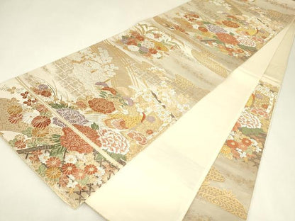 平和屋着物▼六通柄袋帯　唐織　尾長鳥几帳牡丹文　金糸　正絹　逸品　DABJ1936az