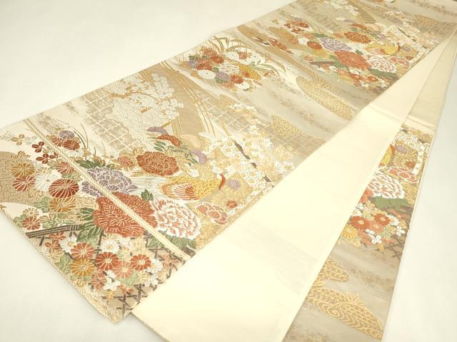 平和屋着物▼六通柄袋帯　唐織　尾長鳥几帳牡丹文　金糸　正絹　逸品　DABJ1936az