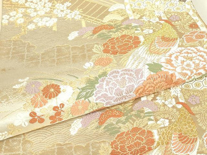 平和屋着物▼六通柄袋帯　唐織　尾長鳥几帳牡丹文　金糸　正絹　逸品　DABJ1936az