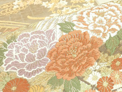 平和屋着物▼六通柄袋帯　唐織　尾長鳥几帳牡丹文　金糸　正絹　逸品　DABJ1936az