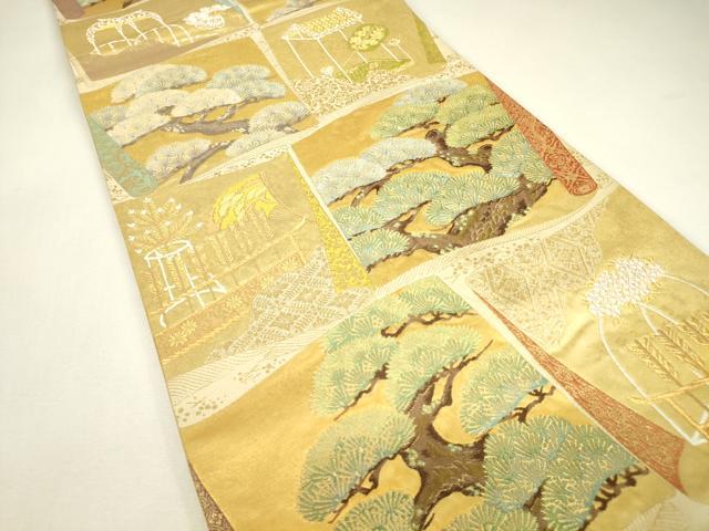 平和屋着物▼六通柄袋帯　唐俑箔　地紙風景松文　金銀糸　引箔　正絹　逸品　DABJ1937az