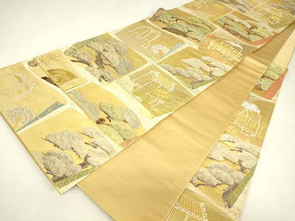 平和屋着物▼六通柄袋帯　唐俑箔　地紙風景松文　金銀糸　引箔　正絹　逸品　DABJ1937az