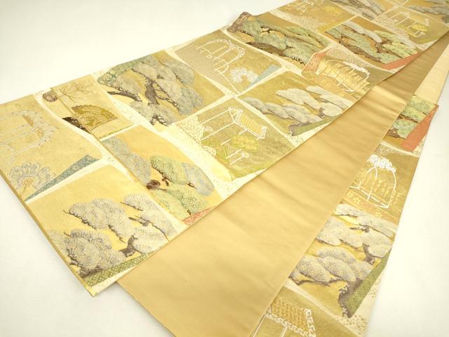 平和屋着物▼六通柄袋帯　唐俑箔　地紙風景松文　金銀糸　引箔　正絹　逸品　DABJ1937az