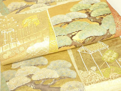 平和屋着物▼六通柄袋帯　唐俑箔　地紙風景松文　金銀糸　引箔　正絹　逸品　DABJ1937az