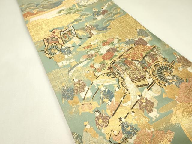平和屋着物▼全景全通柄袋帯　紹巴　御所車人物風景花文　金糸　正絹　逸品　DABJ1938az