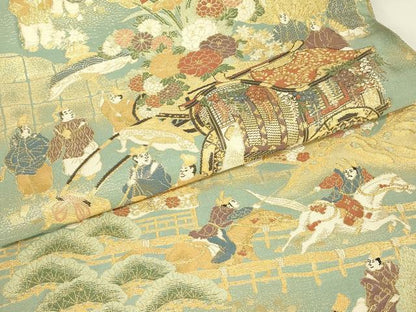 平和屋着物▼全景全通柄袋帯　紹巴　御所車人物風景花文　金糸　正絹　逸品　DABJ1938az