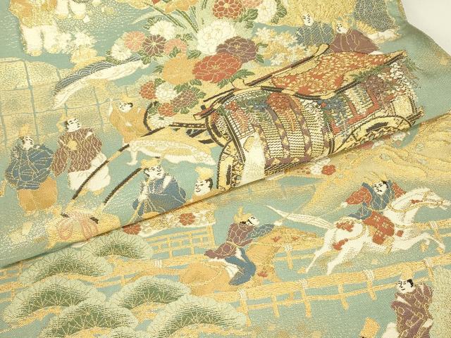 平和屋着物▼全景全通柄袋帯　紹巴　御所車人物風景花文　金糸　正絹　逸品　DABJ1938az
