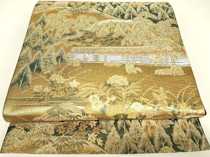 平和屋着物▼六通柄袋帯　重ね山風景樹林文　金銀糸　正絹　逸品　DABJ1939az