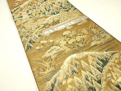 平和屋着物▼六通柄袋帯　重ね山風景樹林文　金銀糸　正絹　逸品　DABJ1939az