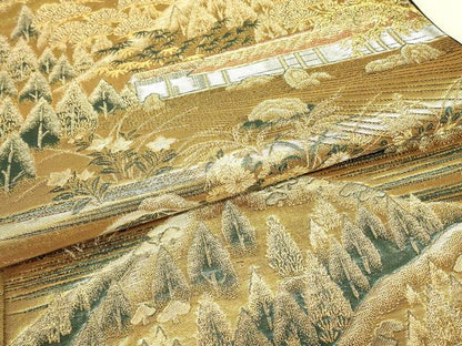 平和屋着物▼六通柄袋帯　重ね山風景樹林文　金銀糸　正絹　逸品　DABJ1939az