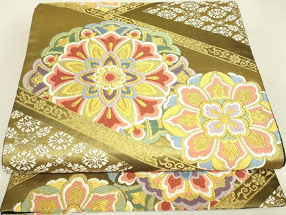 平和屋着物▼六通柄袋帯　唐織　高砂　正倉院花文　金糸　正絹　逸品　DABJ1942az