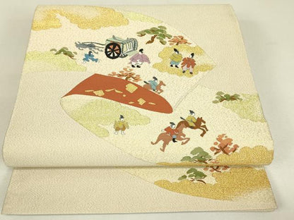 平和屋着物▼綴れ　太鼓柄袋帯　御所車人物風景文　金糸　正絹　逸品　DABJ1946az