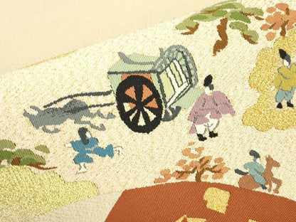 平和屋着物▼綴れ　太鼓柄袋帯　御所車人物風景文　金糸　正絹　逸品　DABJ1946az