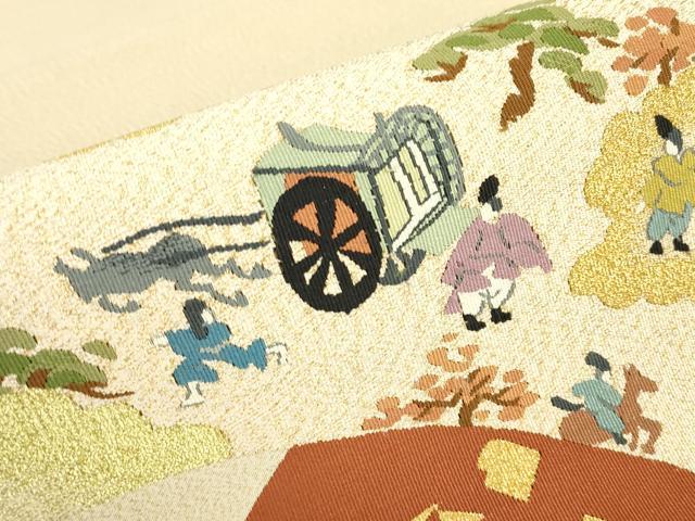 平和屋着物▼綴れ　太鼓柄袋帯　御所車人物風景文　金糸　正絹　逸品　DABJ1946az