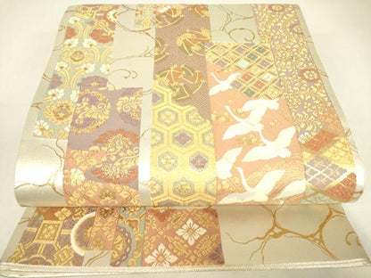 平和屋着物▼六通柄袋帯　全通箔　短冊飛鶴花文　金糸　正絹　逸品　DABJ1949az
