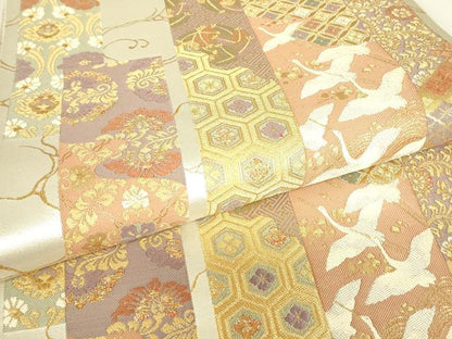 平和屋着物▼六通柄袋帯　全通箔　短冊飛鶴花文　金糸　正絹　逸品　DABJ1949az