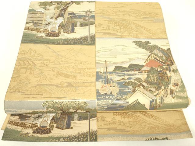 平和屋着物▼六通柄袋帯　水辺風景人物文　金糸　正絹　逸品　DABJ1950az