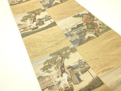 平和屋着物▼六通柄袋帯　水辺風景人物文　金糸　正絹　逸品　DABJ1950az