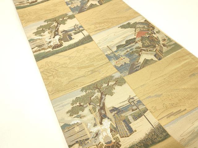 平和屋着物▼六通柄袋帯　水辺風景人物文　金糸　正絹　逸品　DABJ1950az