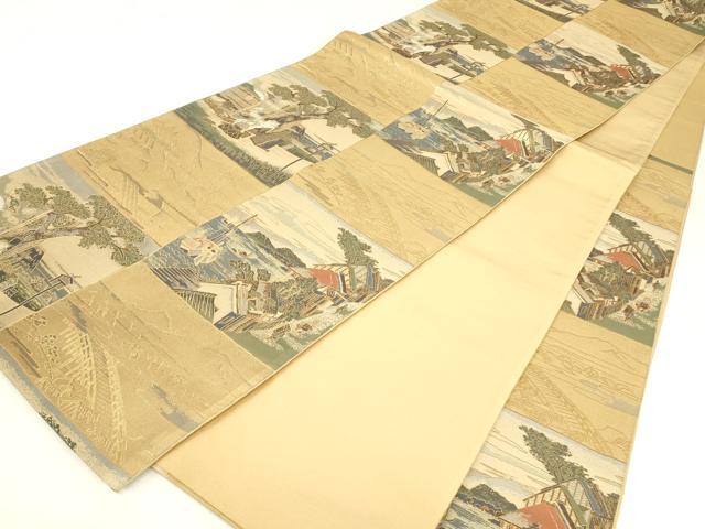 平和屋着物▼六通柄袋帯　水辺風景人物文　金糸　正絹　逸品　DABJ1950az