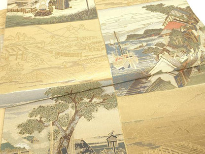 平和屋着物▼六通柄袋帯　水辺風景人物文　金糸　正絹　逸品　DABJ1950az