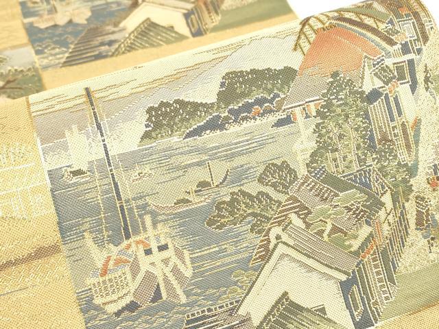 平和屋着物▼六通柄袋帯　水辺風景人物文　金糸　正絹　逸品　DABJ1950az