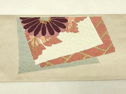 平和屋着物▼絽刺し　区限刺繍　総刺繍　九寸名古屋帯　色紙重ね花文　金糸　正絹　逸品　DABJ1954az