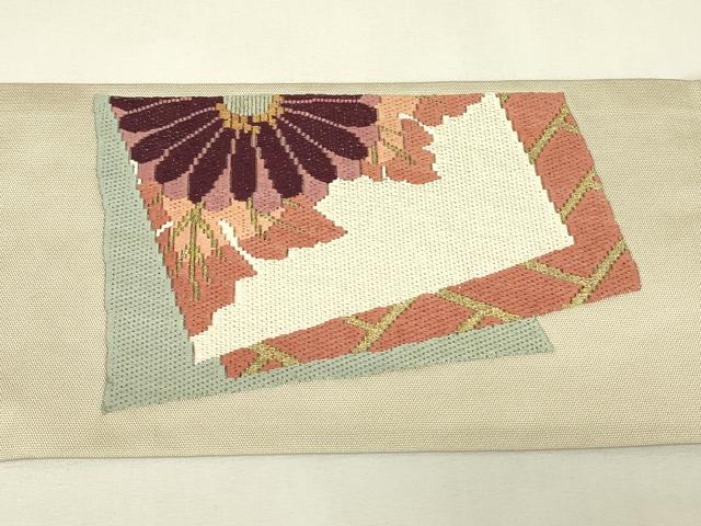 平和屋着物▼絽刺し　区限刺繍　総刺繍　九寸名古屋帯　色紙重ね花文　金糸　正絹　逸品　DABJ1954az