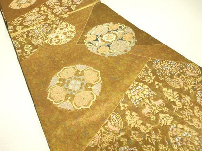 平和屋着物▼六通柄袋帯　正倉院動物花文　金糸　引箔　正絹　逸品　DABJ1960az