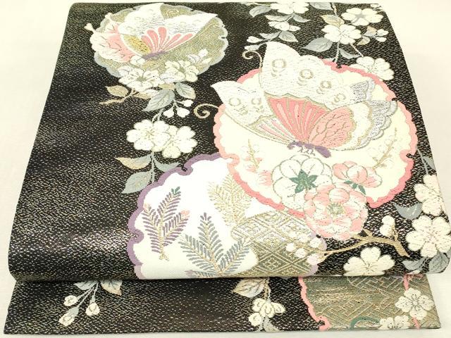 平和屋着物▼六通柄袋帯　唐織　舞蝶雪輪花文　黒地　金銀糸　正絹　逸品　DABJ1963az