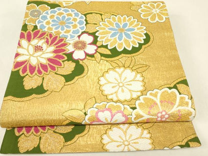 平和屋着物▼六通柄袋帯　菊牡丹文　金糸　正絹　逸品　DABJ1965az