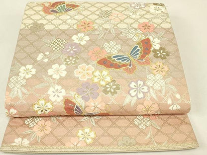 平和屋着物▼六通柄袋帯　枝垂れ桜舞蝶文　金銀糸　正絹　逸品　DABJ1968az