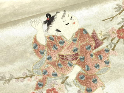平和屋着物▼中国三大刺繍　相良刺繍　総刺繍　太鼓柄袋帯　童子遊び　金糸　引箔　正絹　逸品　DABJ1984az