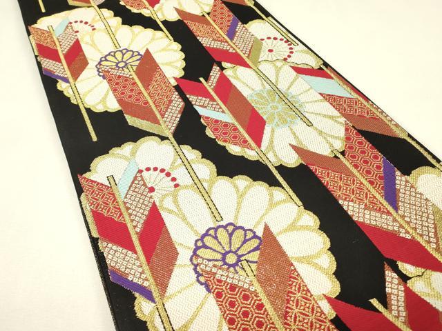 平和屋着物▼六通柄袋帯　矢羽花文　黒地　金糸　正絹　逸品　DABJ1986az