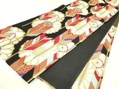 平和屋着物▼六通柄袋帯　矢羽花文　黒地　金糸　正絹　逸品　DABJ1986az