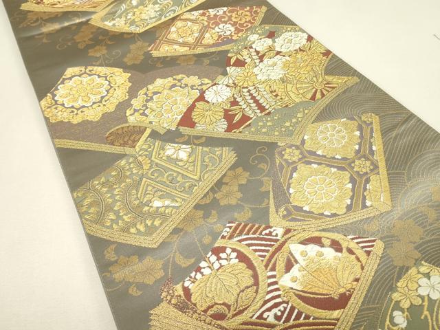 平和屋着物▼六通柄袋帯　冊子花蝶文　金糸　正絹　逸品　DABJ1993az