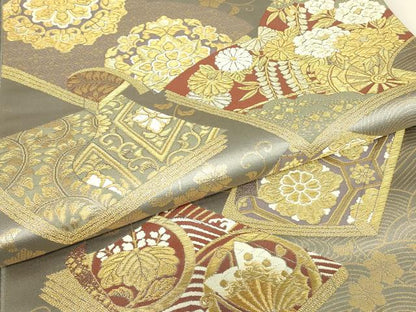 平和屋着物▼六通柄袋帯　冊子花蝶文　金糸　正絹　逸品　DABJ1993az