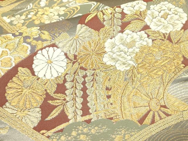 平和屋着物▼六通柄袋帯　冊子花蝶文　金糸　正絹　逸品　DABJ1993az