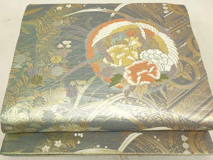 平和屋着物▼両面　六通柄袋帯　鳳凰牡丹文　金糸　正絹　逸品　DABJ1995az