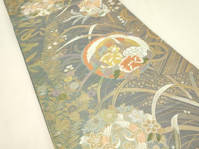 平和屋着物▼両面　六通柄袋帯　鳳凰牡丹文　金糸　正絹　逸品　DABJ1995az