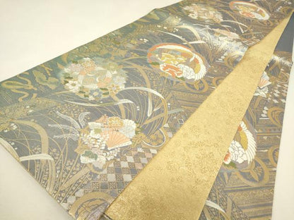 平和屋着物▼両面　六通柄袋帯　鳳凰牡丹文　金糸　正絹　逸品　DABJ1995az