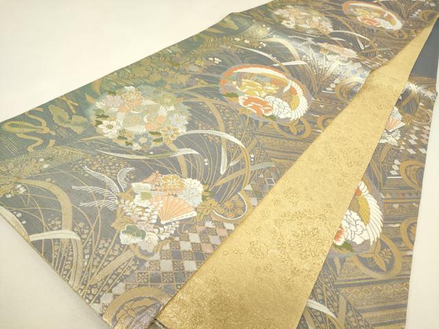 平和屋着物▼両面　六通柄袋帯　鳳凰牡丹文　金糸　正絹　逸品　DABJ1995az
