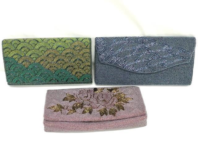 平和屋着物▼和装小物　和装ビーズバッグまとめて3点　総ビーズ　花　青海波　瑠璃紺色　緑色　紫色　逸品　DABJ2099xg